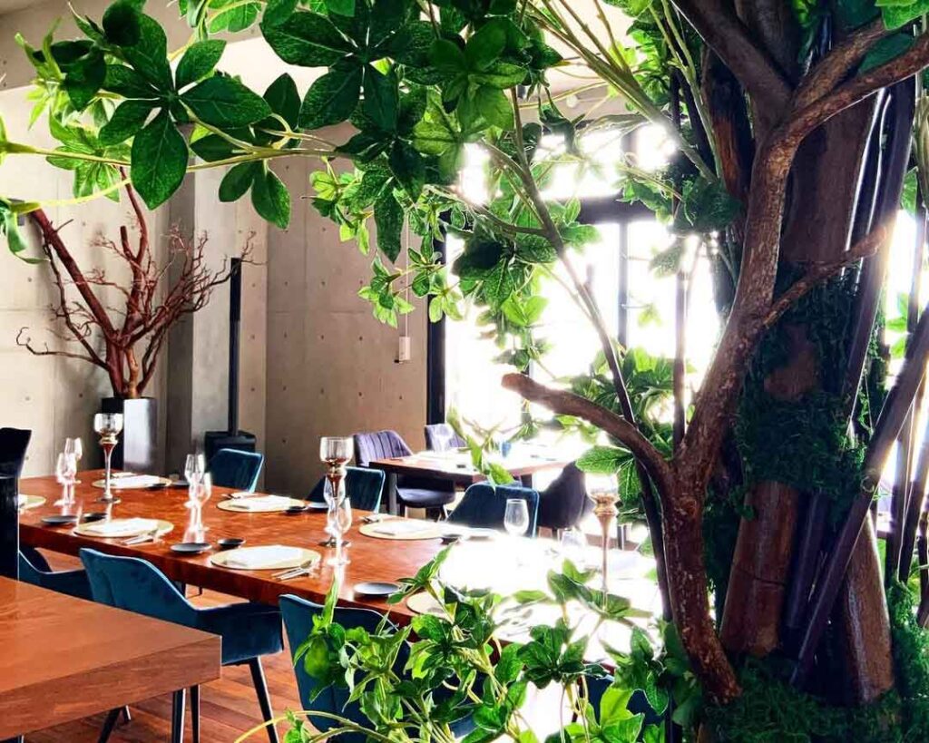 日の光が差し込むモダンなレストランの店内で、長い濃い木製のダイニングテーブルが皿とグラスでセッティングされています。手前には鮮やかな緑の葉を持つ大きな造木が置かれ、自然で活気ある雰囲気を醸し出しています。奥には、同様にセッティングされた別の長いテーブルが見えます。